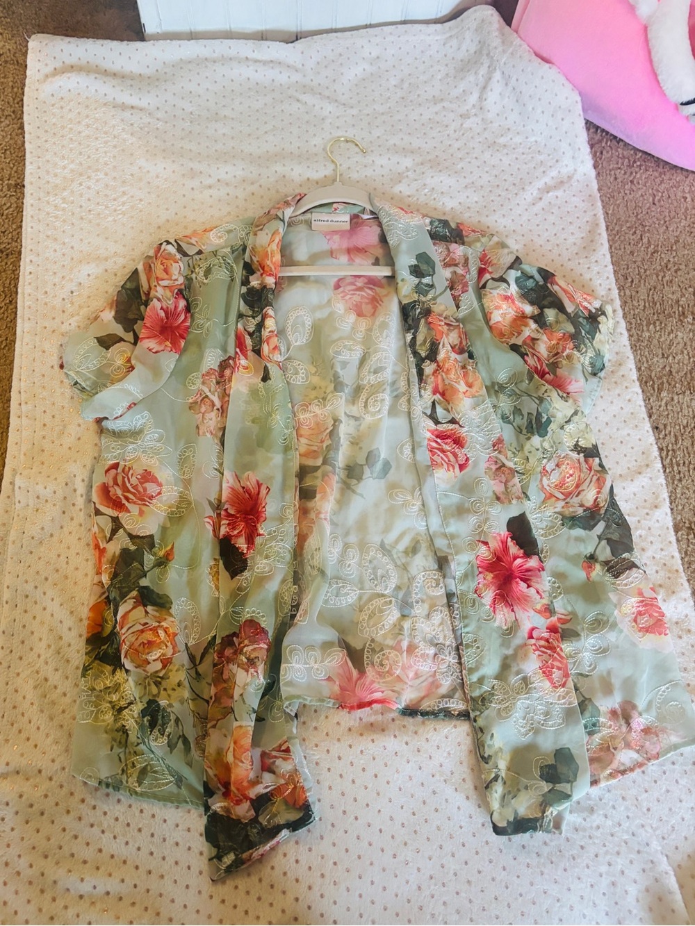 Alfred Dunner Floral Sheer Embroidered Open Kimono - Mint Green and Pink